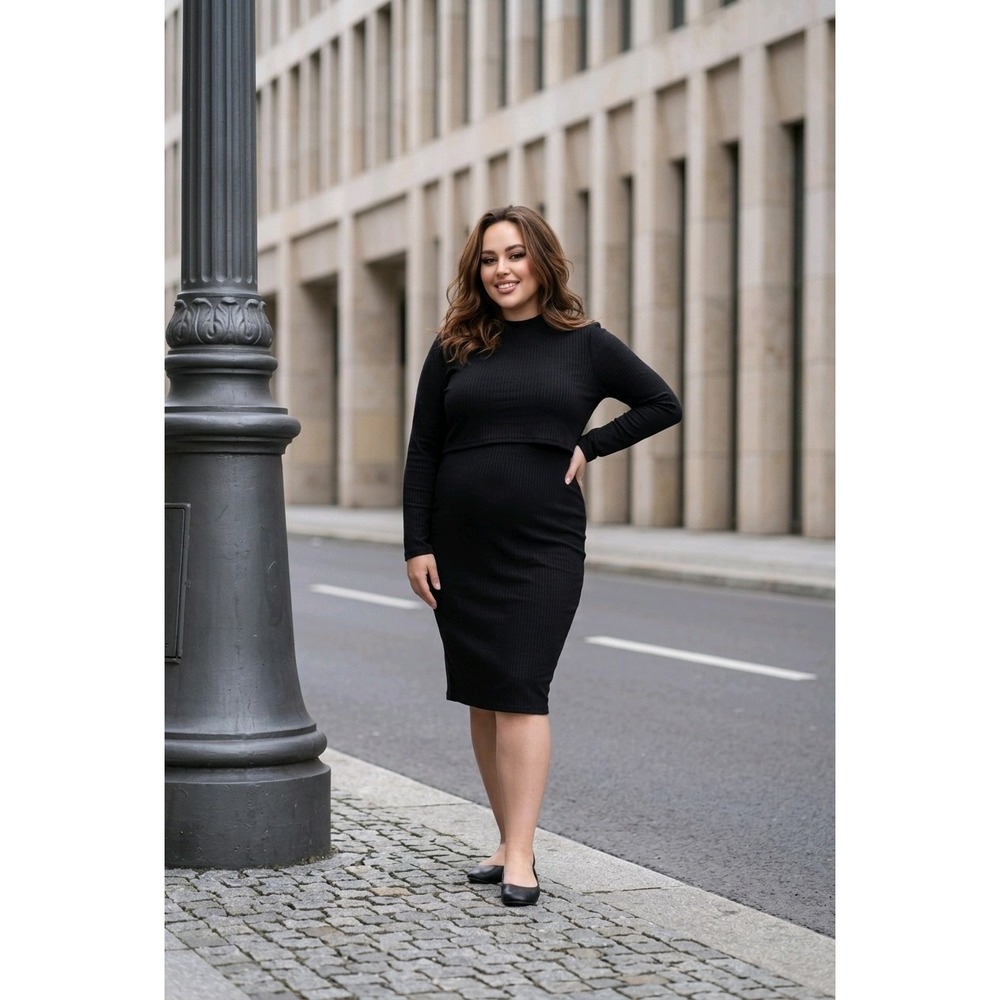 Time and Tru Maternity 2-Piece Rib Knit Dress Set Black Large 12-14 Long Sleeve